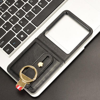 Black leather back phone case with ring holder shown in opened-back view