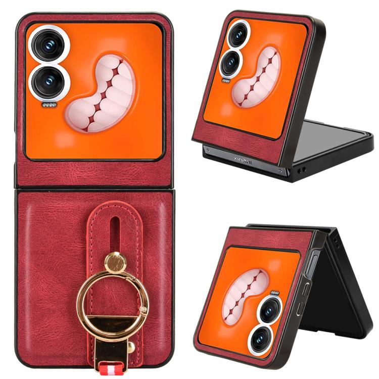 Red leather back phone case with ring holder and lanyard strap, orange paw design