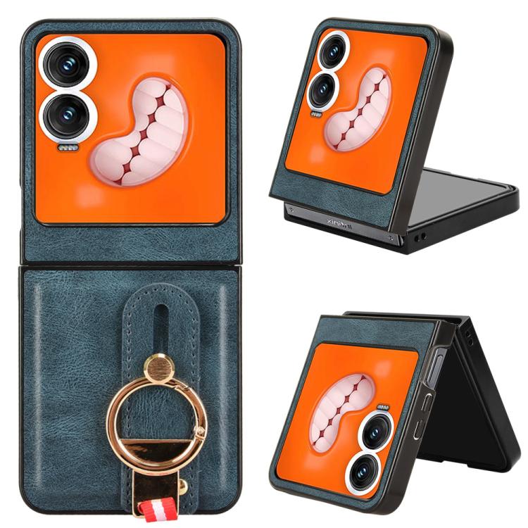 Blue leather back phone case with ring holder and lanyard strap, orange paw design