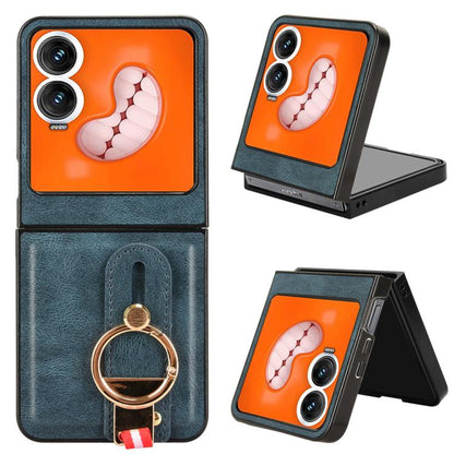 Blue leather back phone case with ring holder and lanyard strap, orange paw design