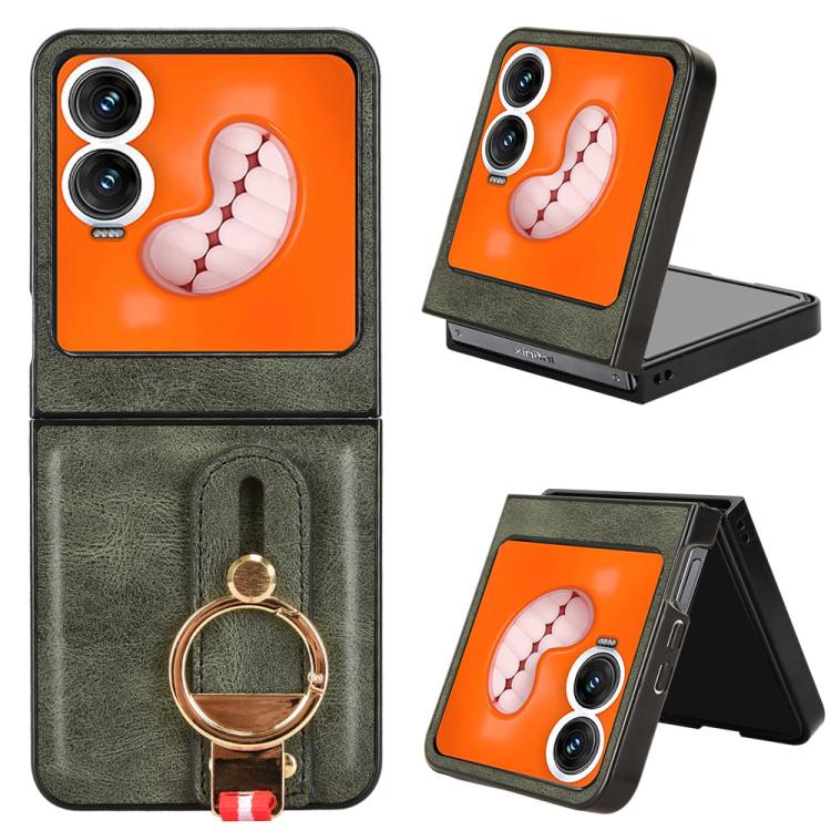 Green leather back phone case with ring holder and lanyard strap, orange paw design