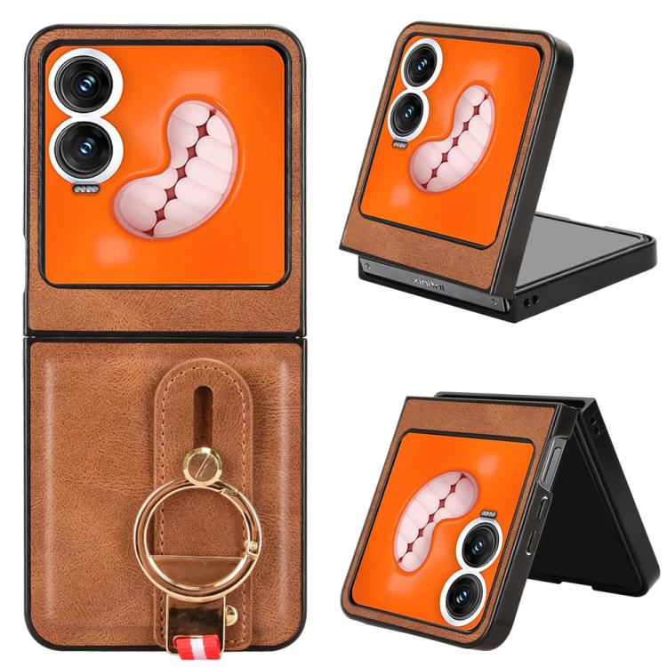 Leather back phone case with wrist strap for Tecno Phantom V models, brown