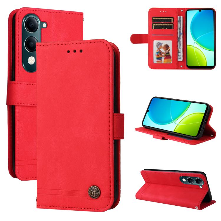 Red leather wallet phone case with card slots and stand, metal button closure