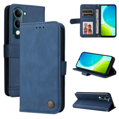 Blue leather wallet phone case with card slots and stand, metal button closure