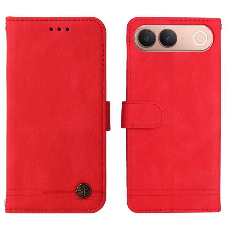 Red leather flip phone case showing front cover and back camera cutout.