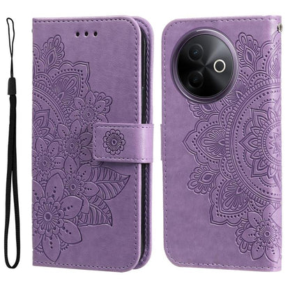 Purple embossed leather phone case with seven-petal floral pattern, flip cover and wrist strap