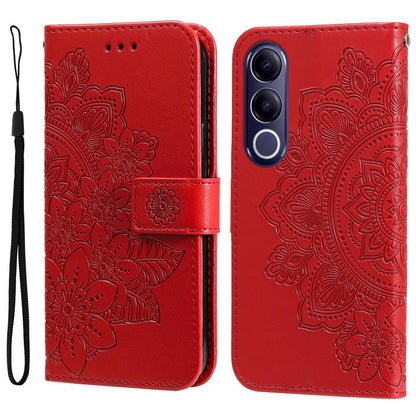 Red floral embossed leather phone wallet case with wrist strap and rear camera openings