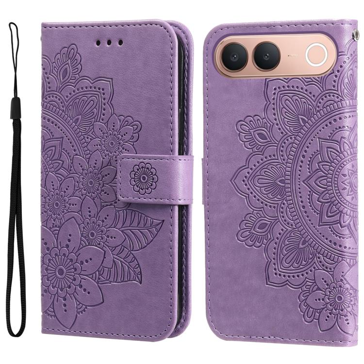 Light purple embossed leather phone case with seven-petal floral design and belt strap