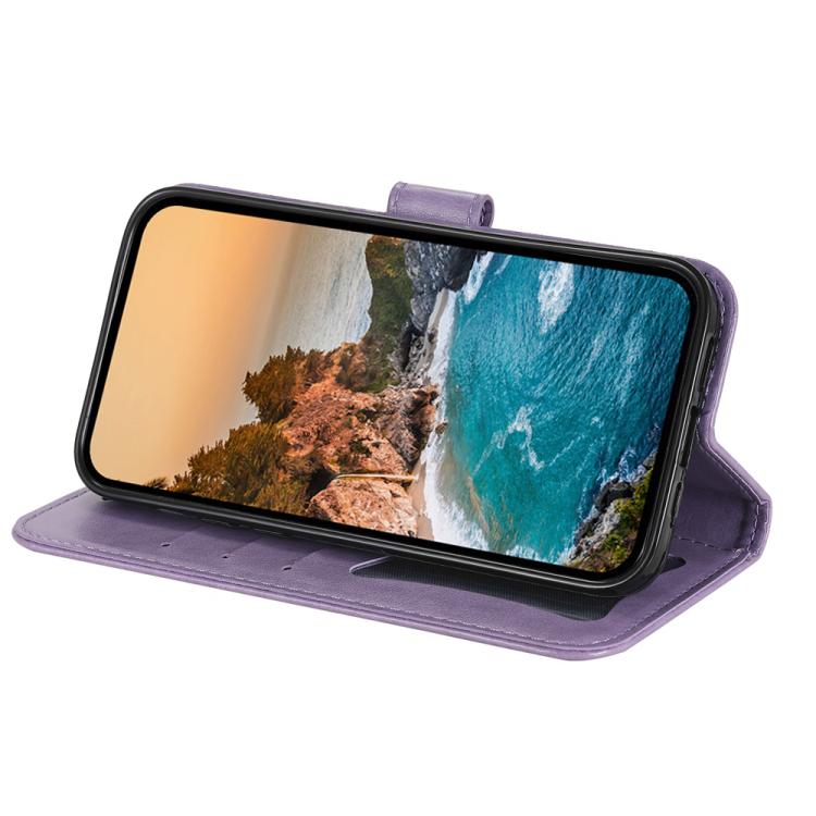Light purple embossed leather phone case with floral pattern, open stand view