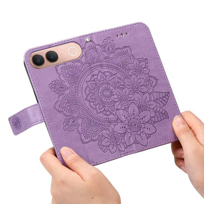Light purple embossed leather phone case with circular seven-petal floral embossing