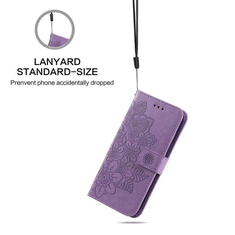 Light purple embossed leather phone wallet case with hanging strap and floral pattern