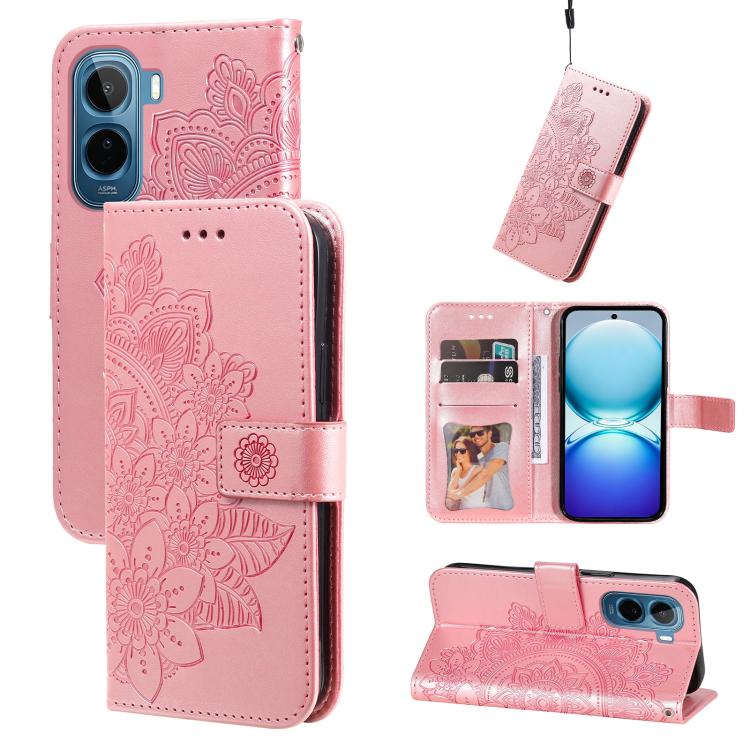 Light pink embossed flower wallet phone case with card slots and fold-over cover