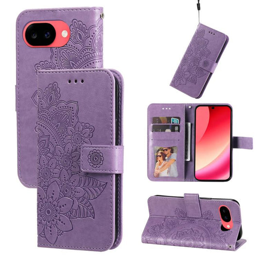 Purple embossed leather wallet phone case with floral pattern and flip cover
