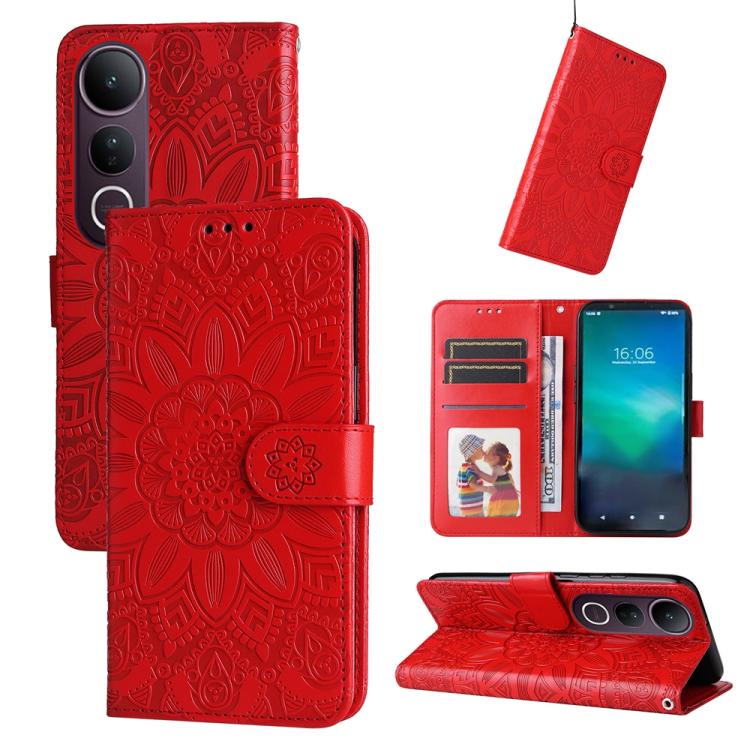 Red embossed sunflower leather phone case with card slots and kickstand