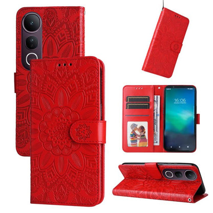 Red embossed sunflower leather phone case with card slots and kickstand