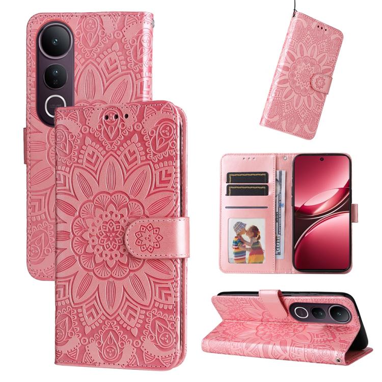 Rose gold embossed sunflower leather phone case with card slots and kickstand