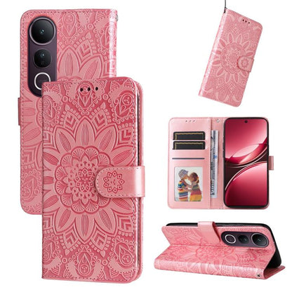 Rose gold embossed sunflower leather phone case with card slots and kickstand