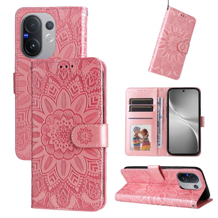 Rose gold embossed sunflower leather phone case with magnetic folio stand and card holder