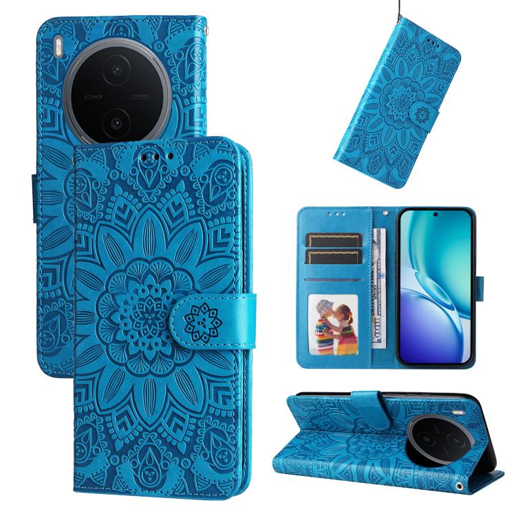 Embossed sunflower leather phone case in blue with flip cover, card slots, and stand