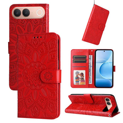Red embossed sunflower leather wallet phone case with magnetic strap and card holder