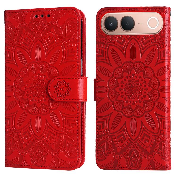 Red embossed sunflower leather wallet phone case with foldover front and magnetic closure