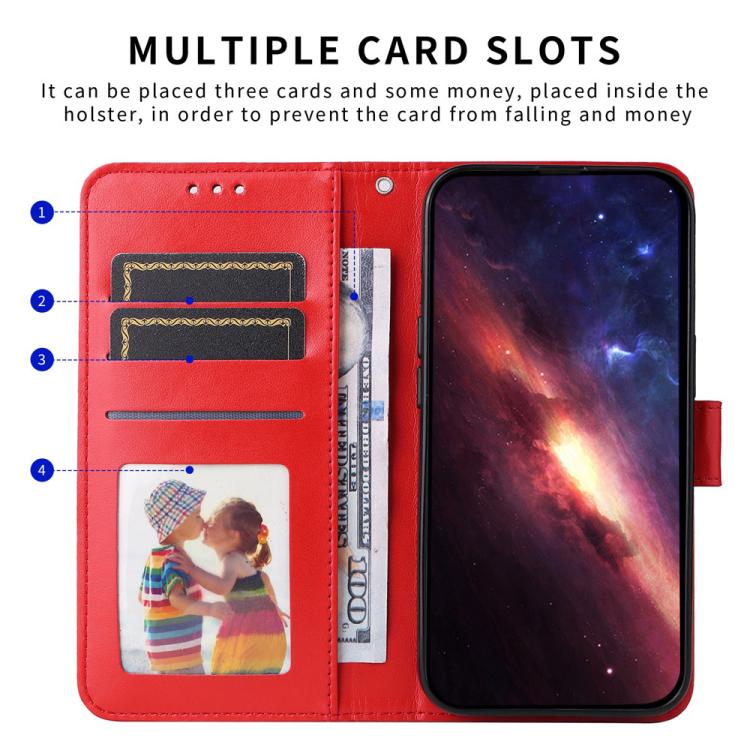 Red embossed sunflower wallet phone case open view, multiple card slots and photo pocket
