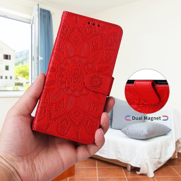 Red embossed sunflower leather wallet phone case with magnetic flap and hand grip