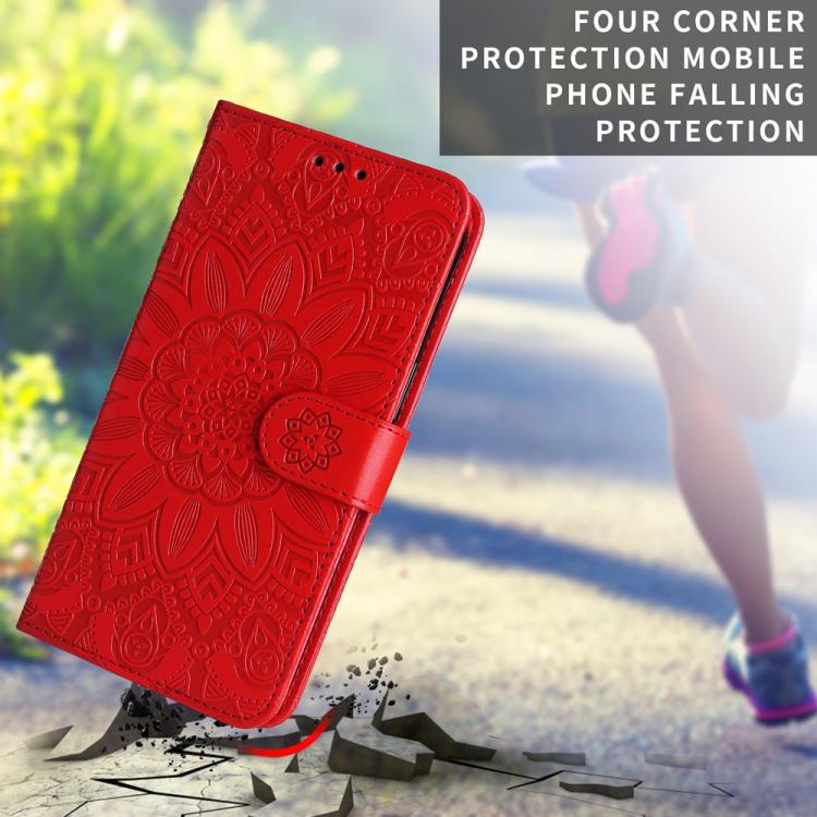 Red embossed sunflower leather wallet phone case with foldover flap and reinforced corners