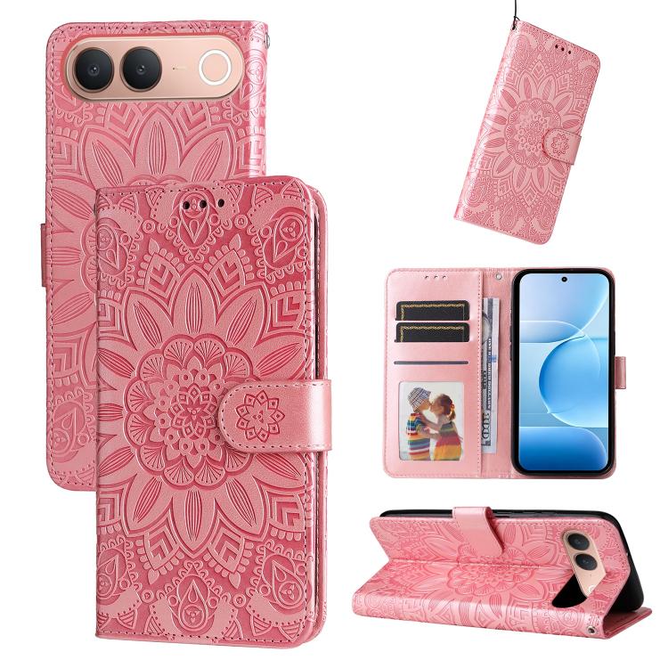 Embossed sunflower leather folio phone case with card slots and stand, pink