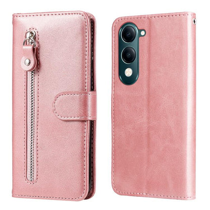 Pink leather-look phone case with side zipper, flip cover, and front card pocket