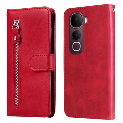Red textured leather phone case with vertical zipper, key ring pull, and card slot