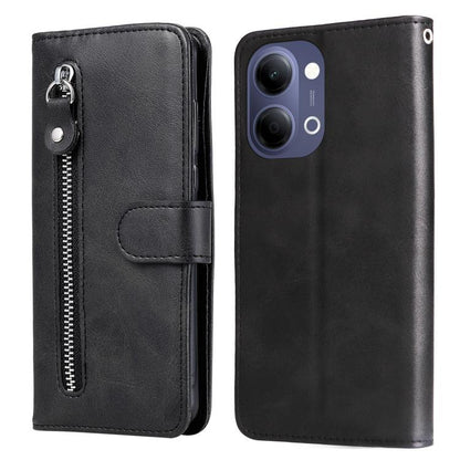 Black leather zipper wallet phone case with flip cover and rear camera opening