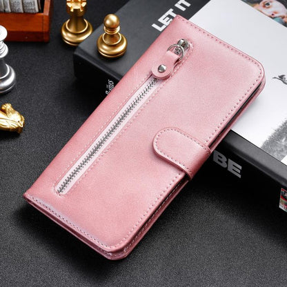Rose gold leather wallet phone case with front zipper and foldover cover