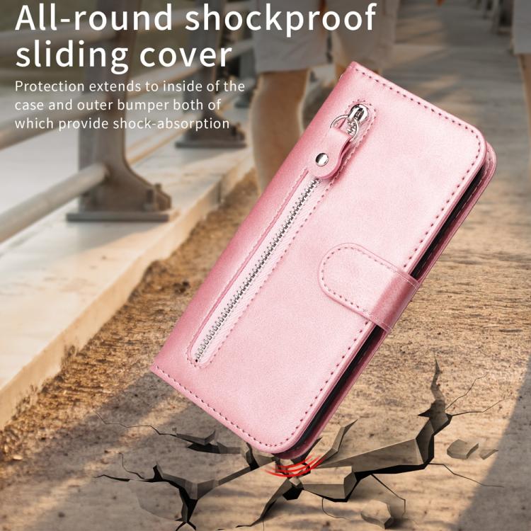Rose gold leather phone case with shockproof sliding cover and front zipper pocket