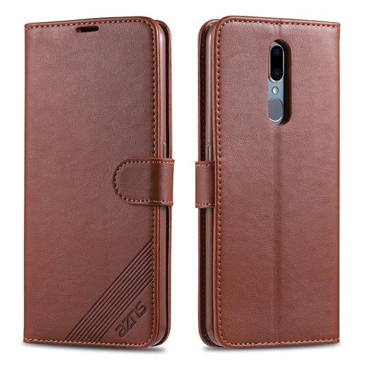 Brown leather flip phone case with magnetic strap and card slots