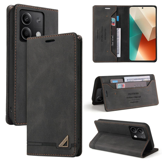 Black leather flip phone case with card slot and stand support.