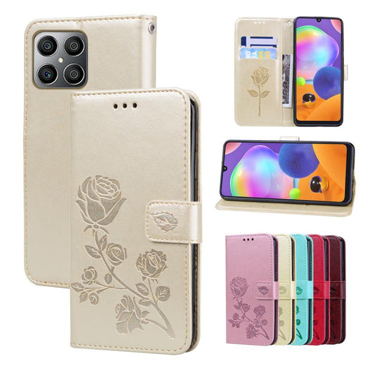 Rose embossed flip PU leather phone case, cream color with floral rose pattern and side flap