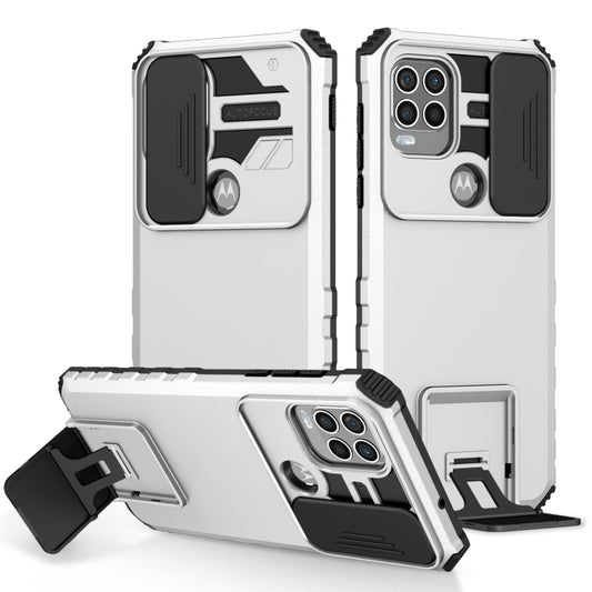 White phone case with sliding camera cover and telescopic kickstand