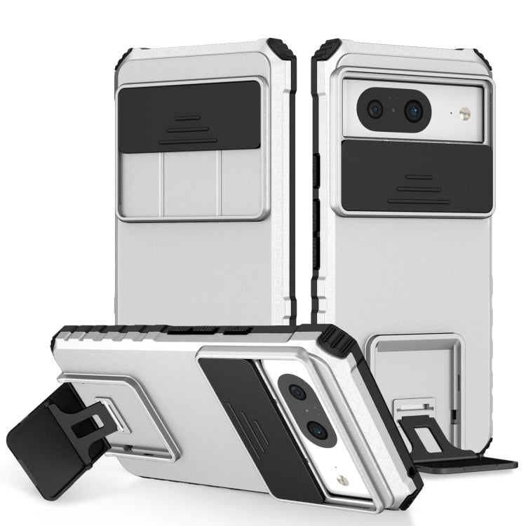 White sliding rugged phone case with kickstand and camera cutout, stereoscopic holder