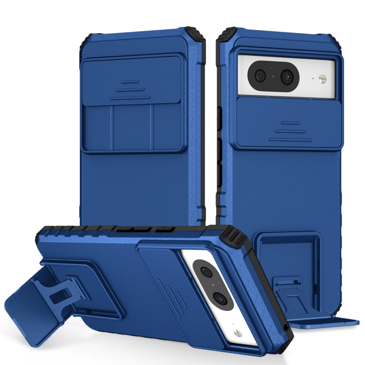 Blue phone case with sliding camshield and built-in kickstand