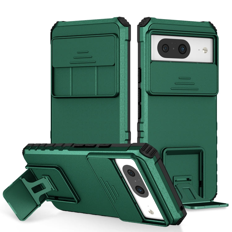 Green phone case with sliding camshield and built-in kickstand