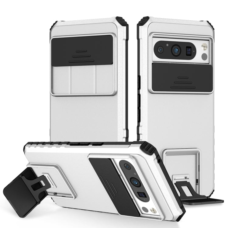 White rugged sliding phone case with stereoscopic holder, kickstand and camera cutout