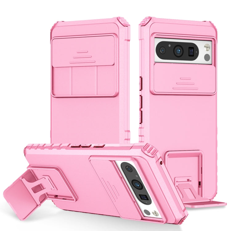 Pink sliding phone case with stereoscopic holder, kickstand and camera cutout