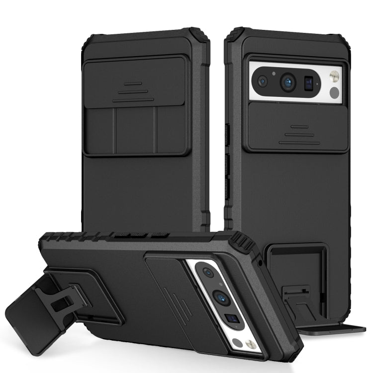 Black sliding phone case with stereoscopic holder, kickstand and camera cutout
