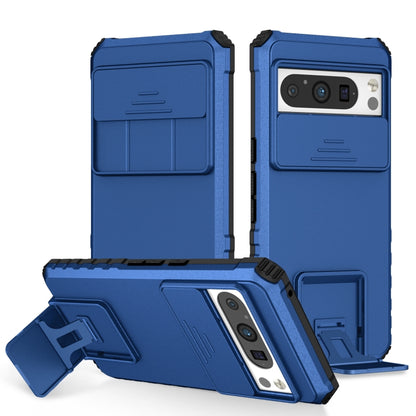 Blue sliding phone case with stereoscopic holder, kickstand and camera cutout