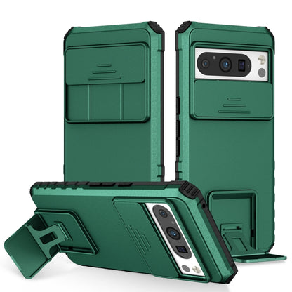 Dark green sliding phone case with stereoscopic holder, kickstand and camera cutout