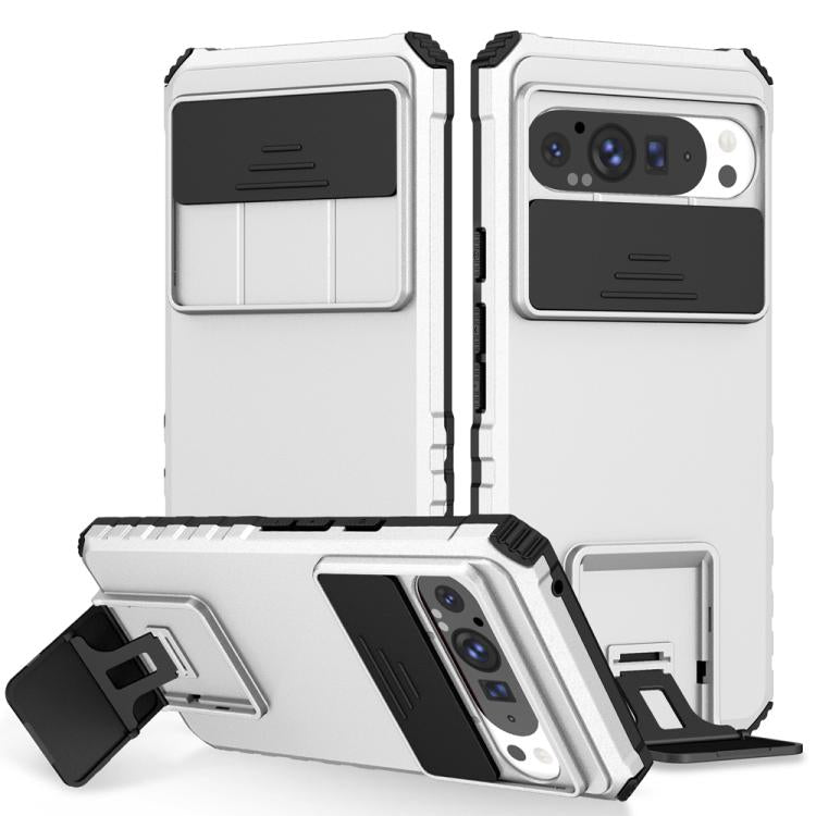 White phone case with sliding camera lens cover and built-in kickstand holder