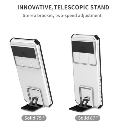 White phone case shown with telescopic stand and two-step adjustment