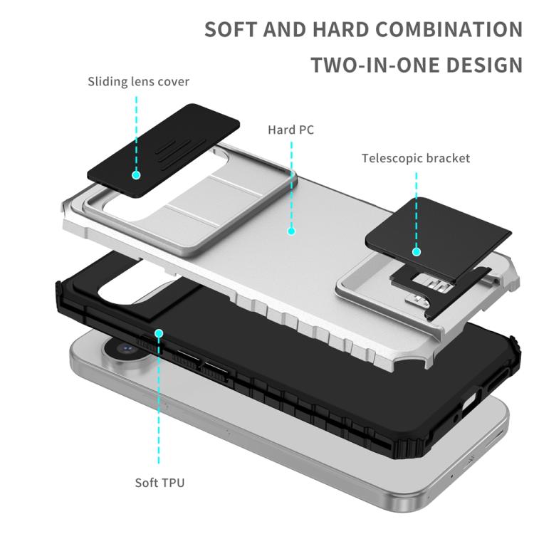 Phone case with sliding lens cover, soft TPU edges, and telescopic bracket