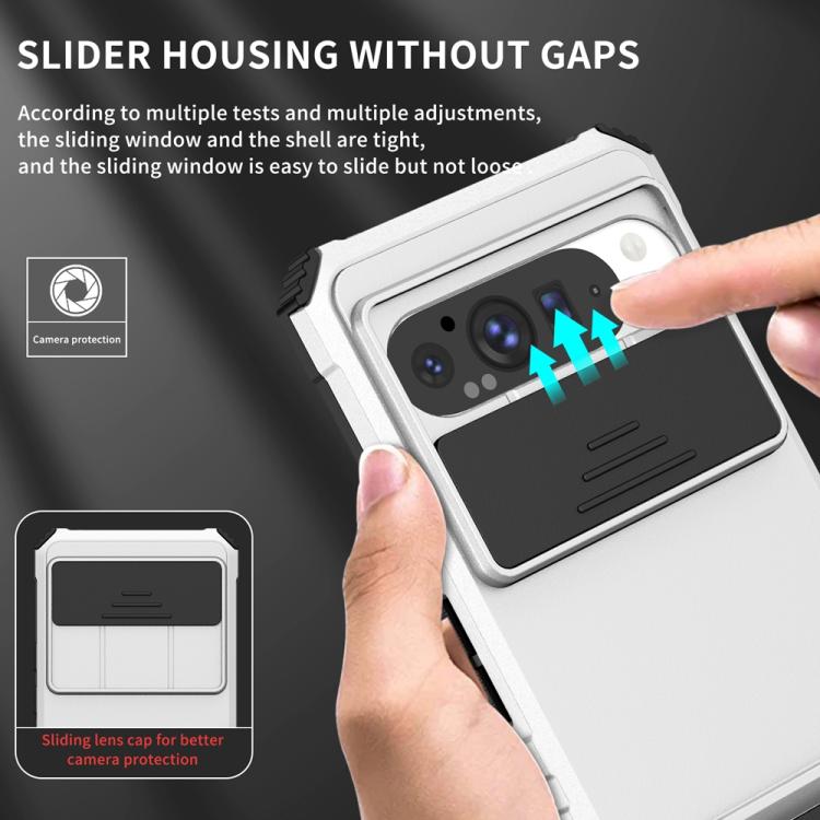 White phone case with sliding lens window and camera opening on case face